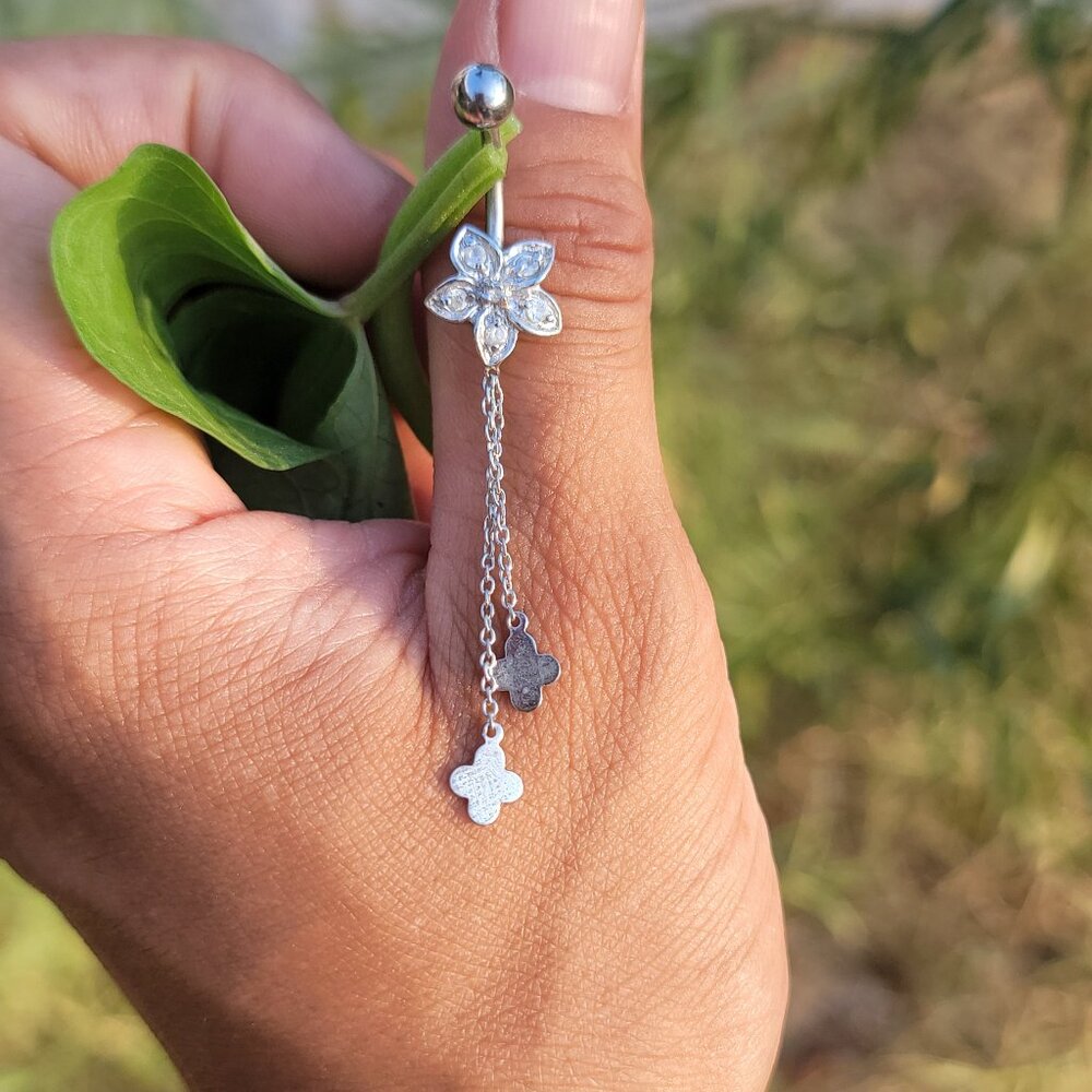 Stunning 925 sterling silver flower dangle clovers belly button ring